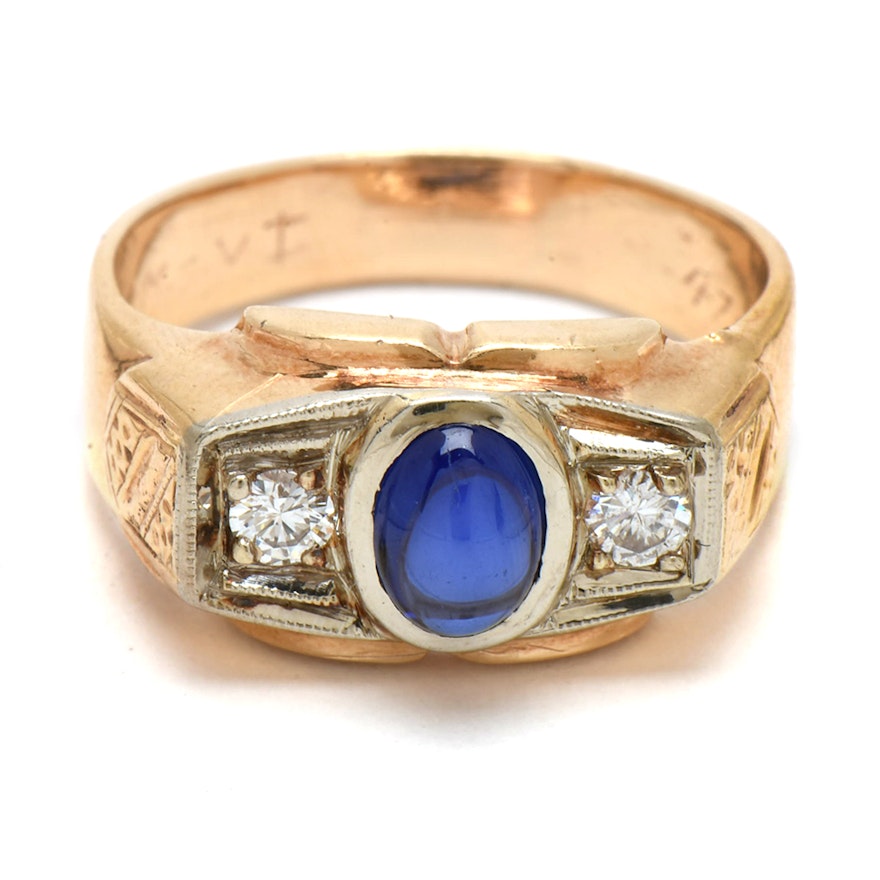 14K Yellow Gold Synthetic Blue Sapphire Cabochon and Diamond Ring