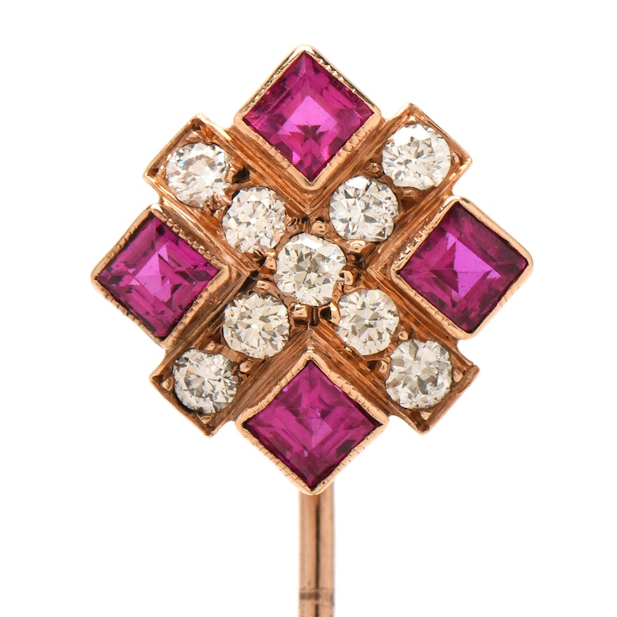 Antique 10K and 14K Yellow Gold Synthetic Ruby and Diamond Stick Pin
