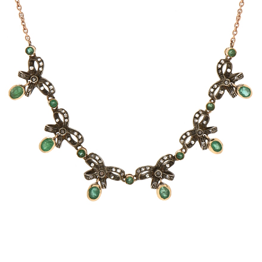 Sterling Silver and 10K Yellow Gold Emerald and Diamond Bow Motif Necklace