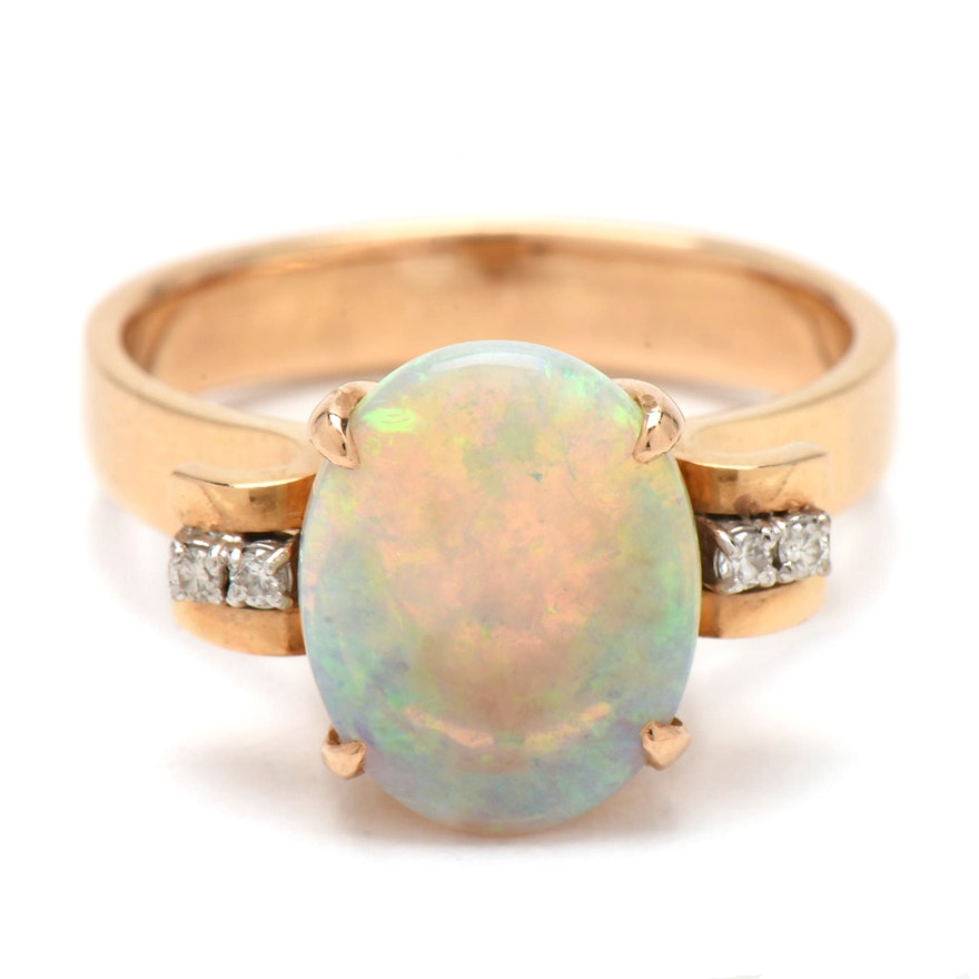 14K Yellow Gold Opal and Diamond Ring