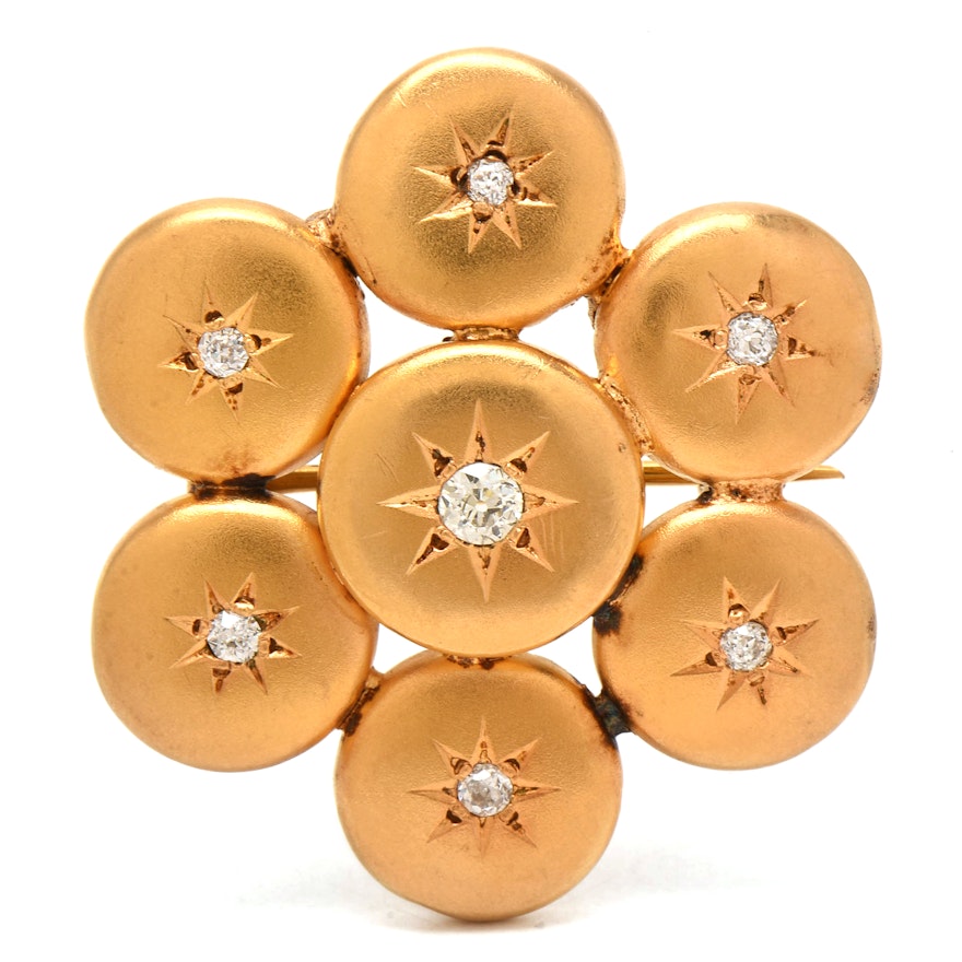 Victorian 10K Yellow Gold Diamond Starburst Brooch