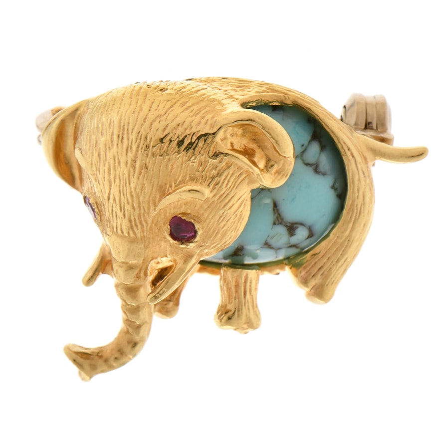 Italian 18K Yellow Gold Imitation Turquoise and Ruby Elephant Pin