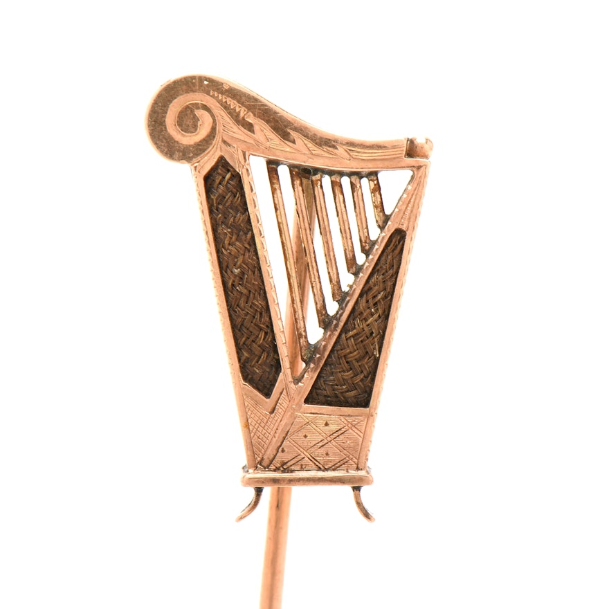 Victorian 10K Yellow Gold Memento Mori Woven Hair Figural Harp Stick Pin