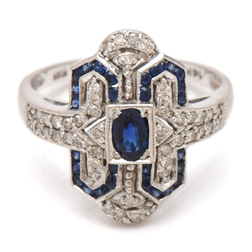 Art Deco 14K White Gold Blue Sapphire and Diamond Ring