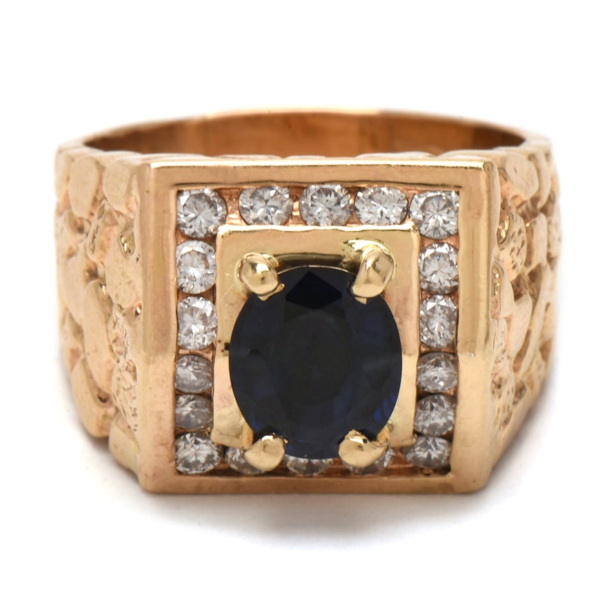 14K Yellow Gold 2.39 Carat Sapphire and Diamond Statement Ring