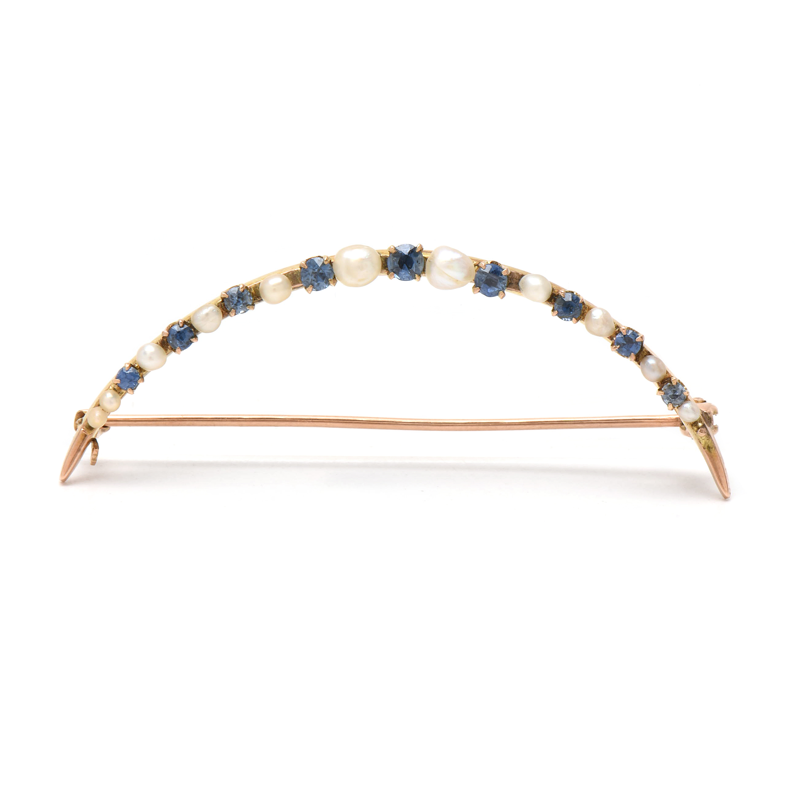 Vintage 10K Yellow Gold Blue Sapphire and Seed Pearl Crescent Moon Brooch
