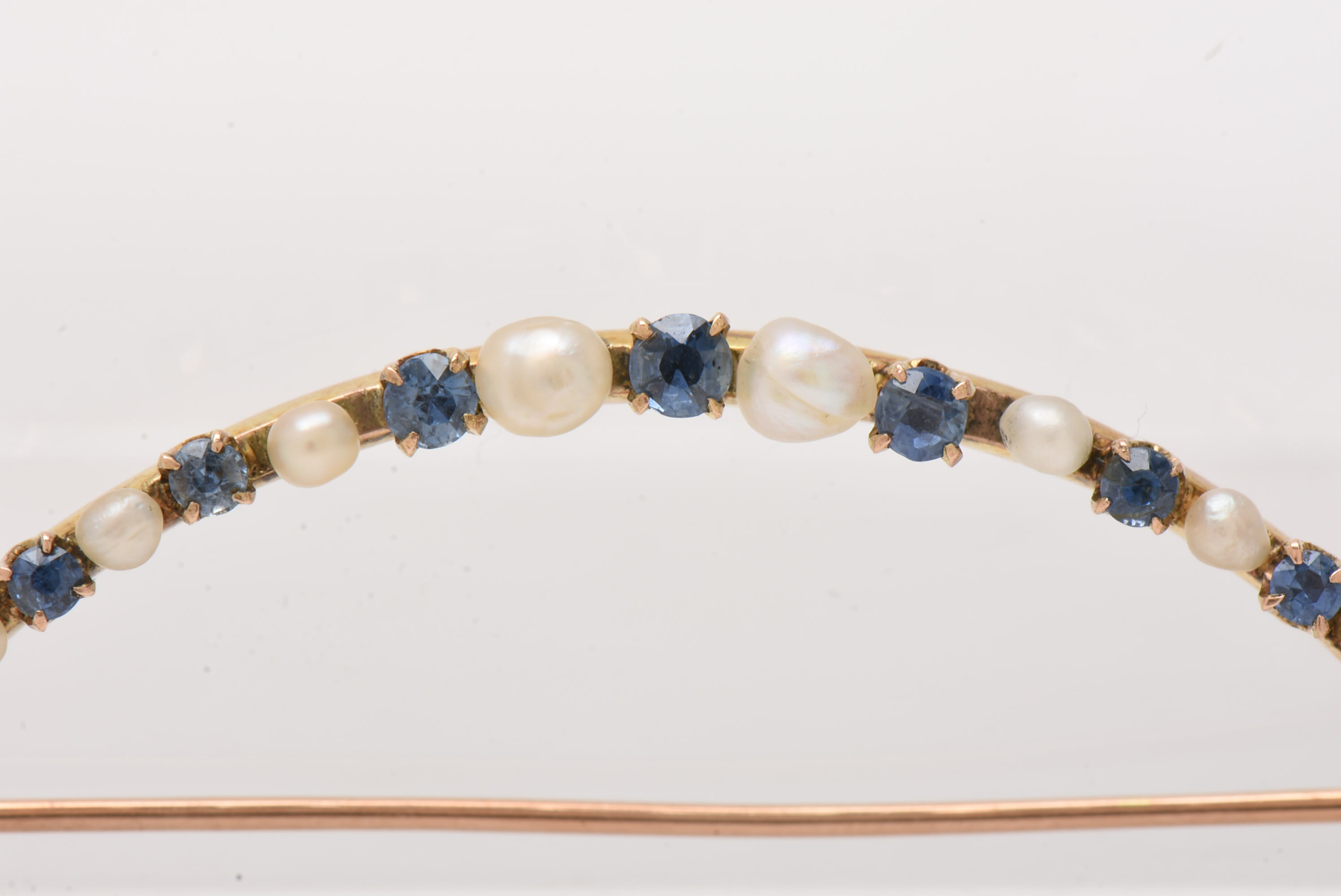 Vintage 10K Yellow Gold Blue Sapphire and Seed Pearl Crescent Moon Brooch