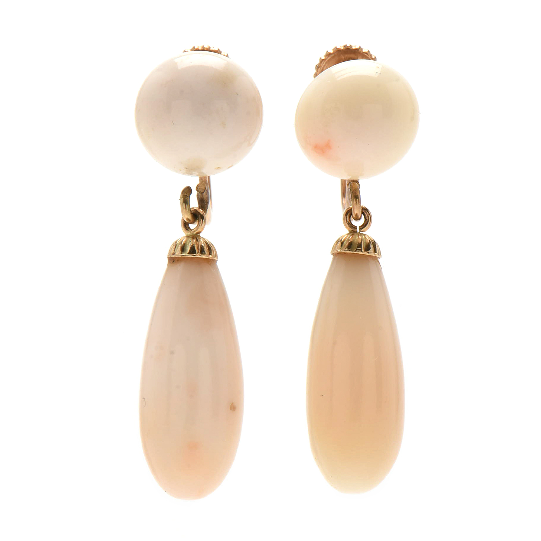 Early 20th Century 14K Yellow Gold Angel Skin Coral Drop Screw Back Earrings