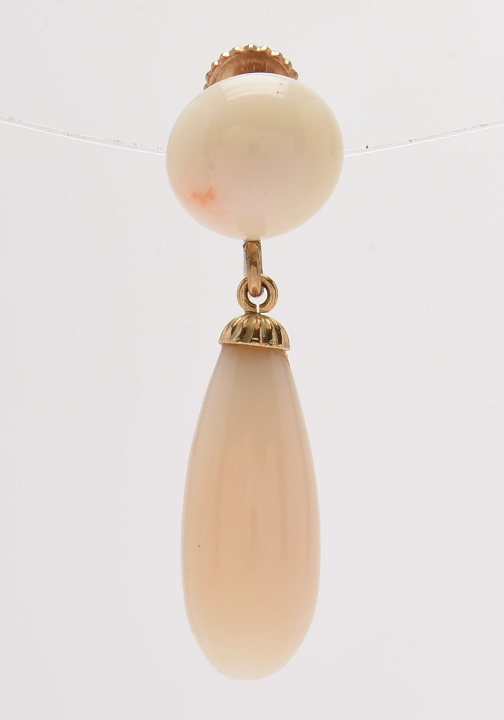 Early 20th Century 14K Yellow Gold Angel Skin Coral Drop Screw Back Earrings