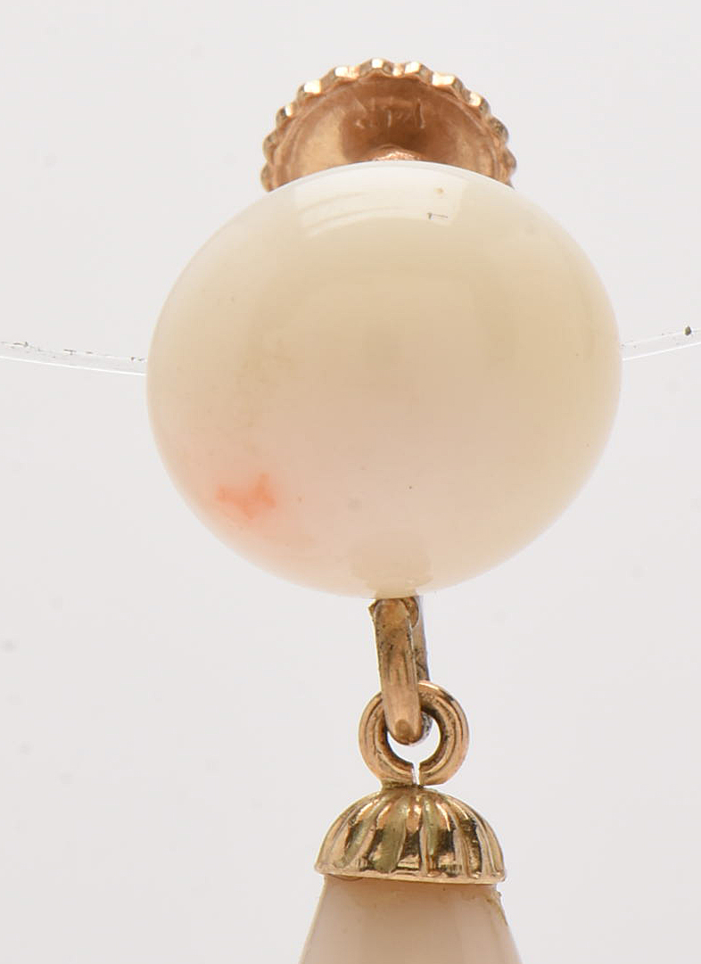 Early 20th Century 14K Yellow Gold Angel Skin Coral Drop Screw Back Earrings