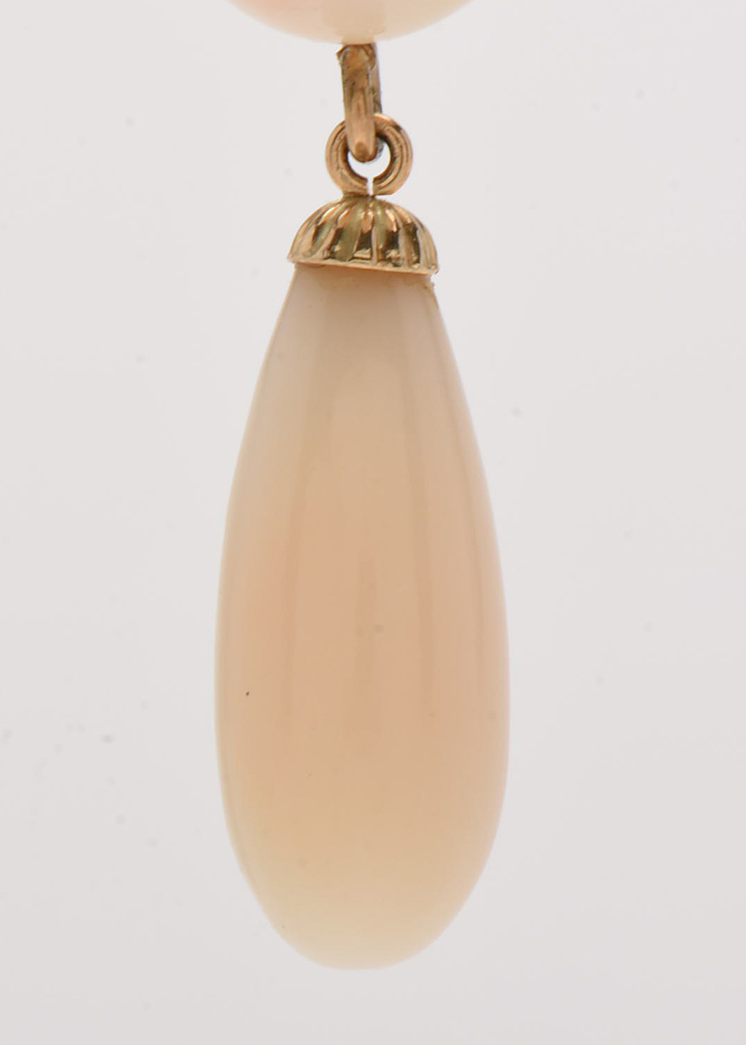 Early 20th Century 14K Yellow Gold Angel Skin Coral Drop Screw Back Earrings