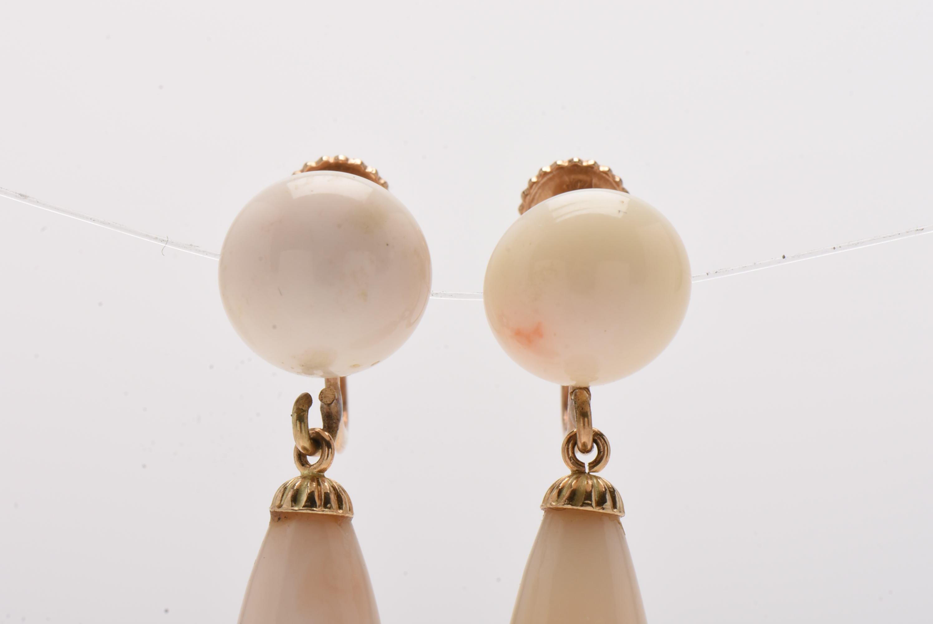 Early 20th Century 14K Yellow Gold Angel Skin Coral Drop Screw Back Earrings