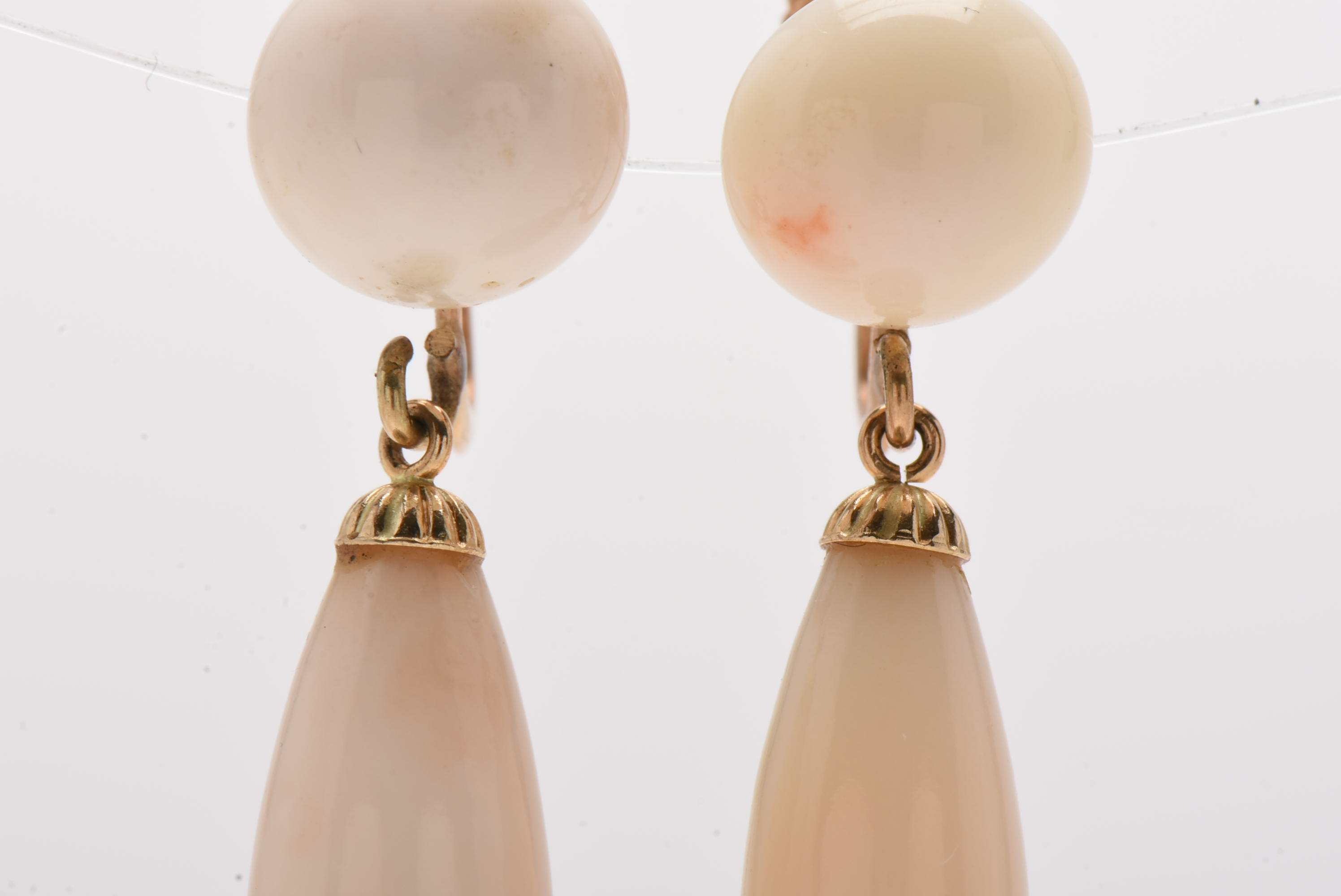 Early 20th Century 14K Yellow Gold Angel Skin Coral Drop Screw Back Earrings