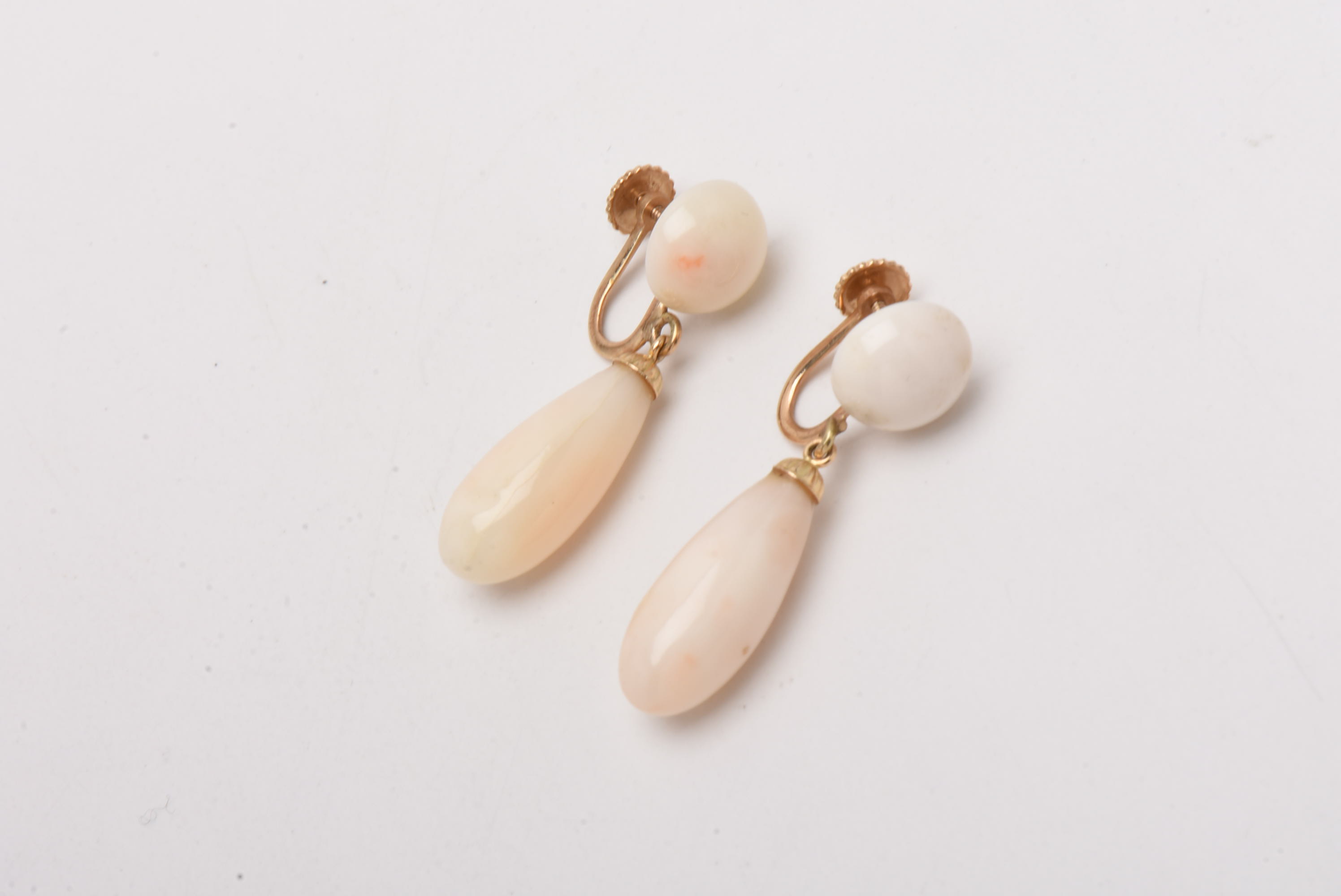 Early 20th Century 14K Yellow Gold Angel Skin Coral Drop Screw Back Earrings