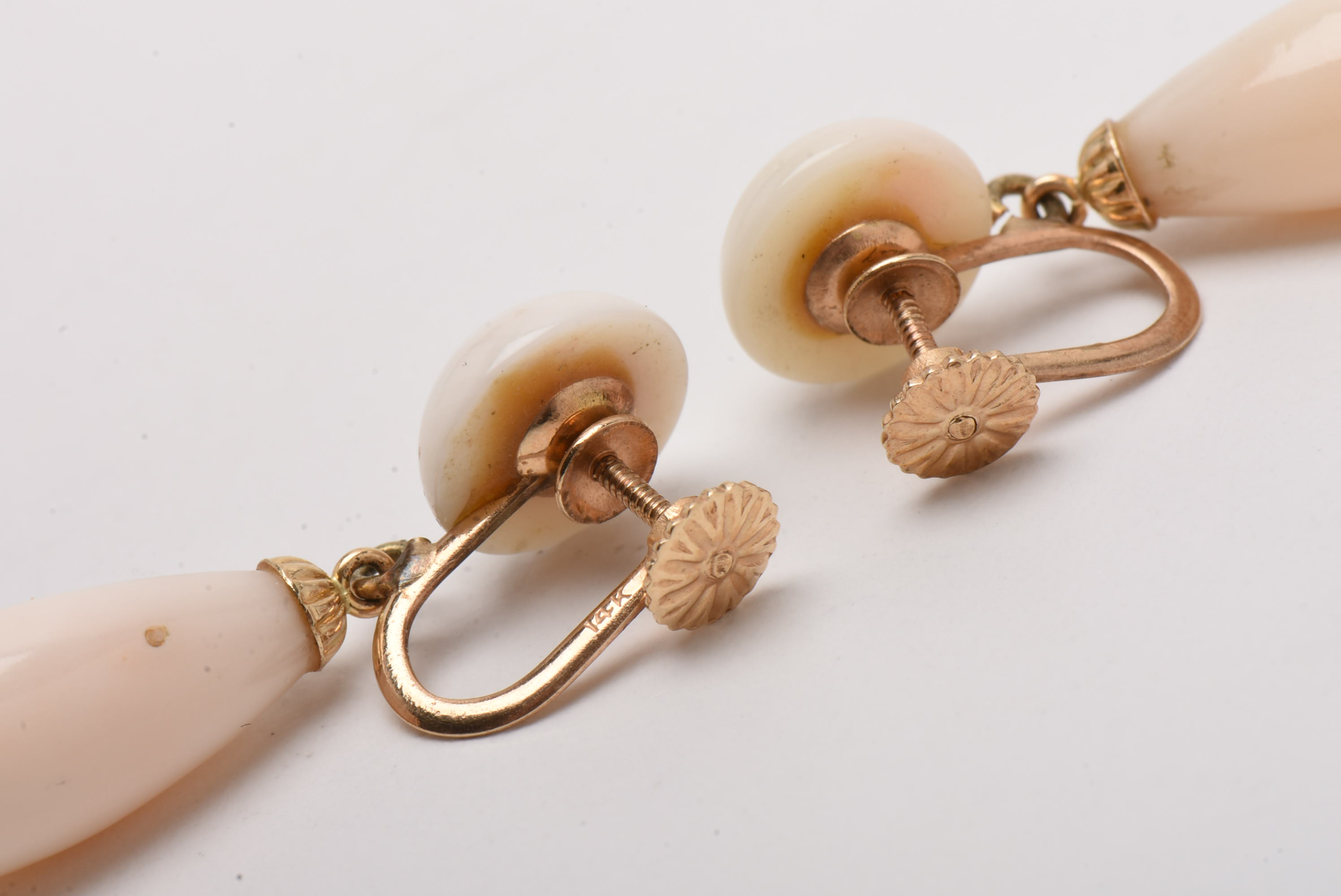 Early 20th Century 14K Yellow Gold Angel Skin Coral Drop Screw Back Earrings