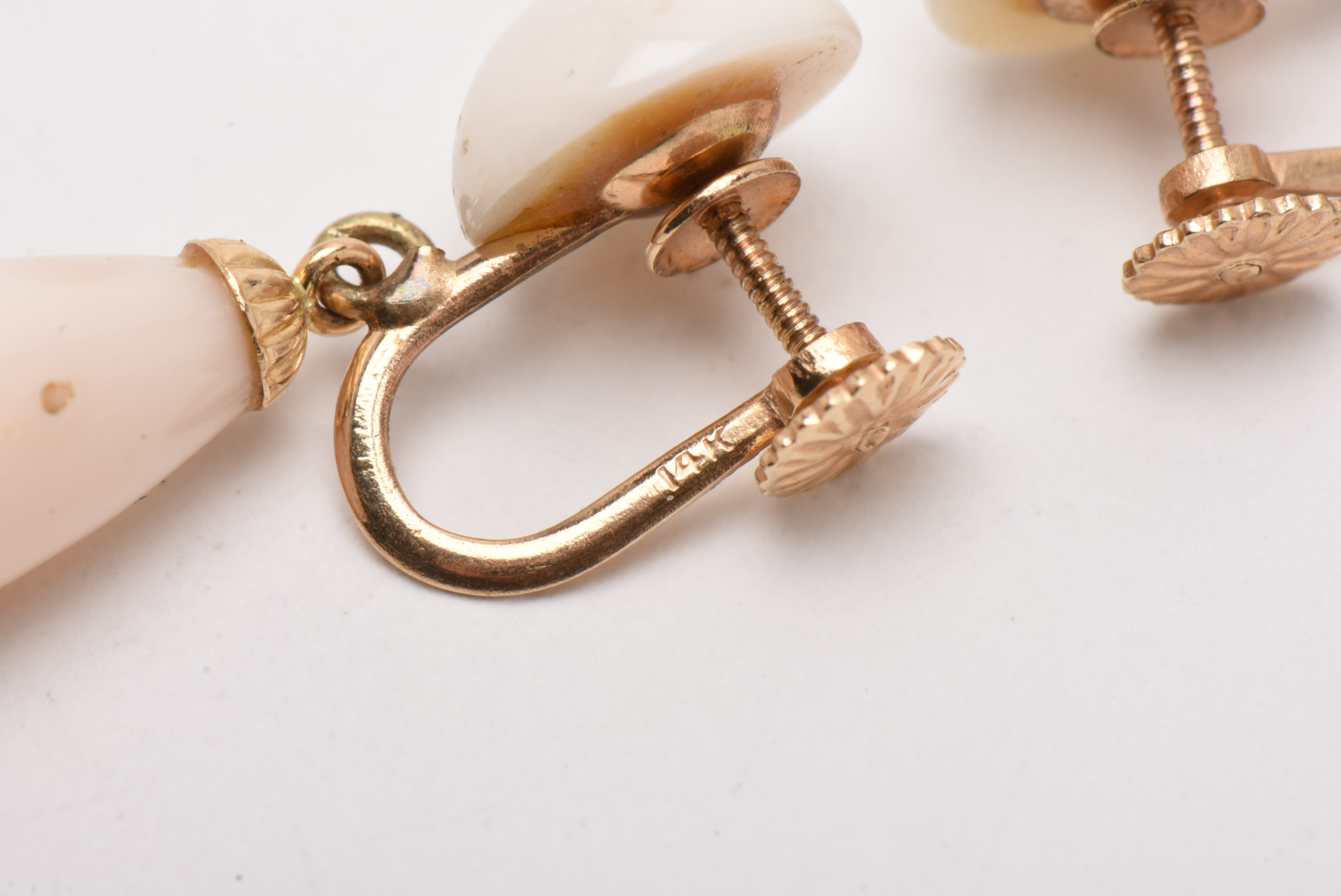 Early 20th Century 14K Yellow Gold Angel Skin Coral Drop Screw Back Earrings