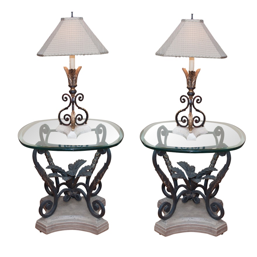 Pair of Glass-Top Accent Tables with Lamps