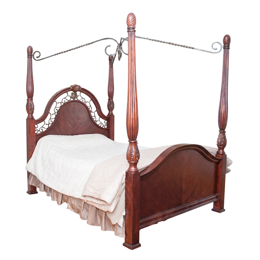 Four-Poster Queen-Size Canopy Bed Frame with Nightstand