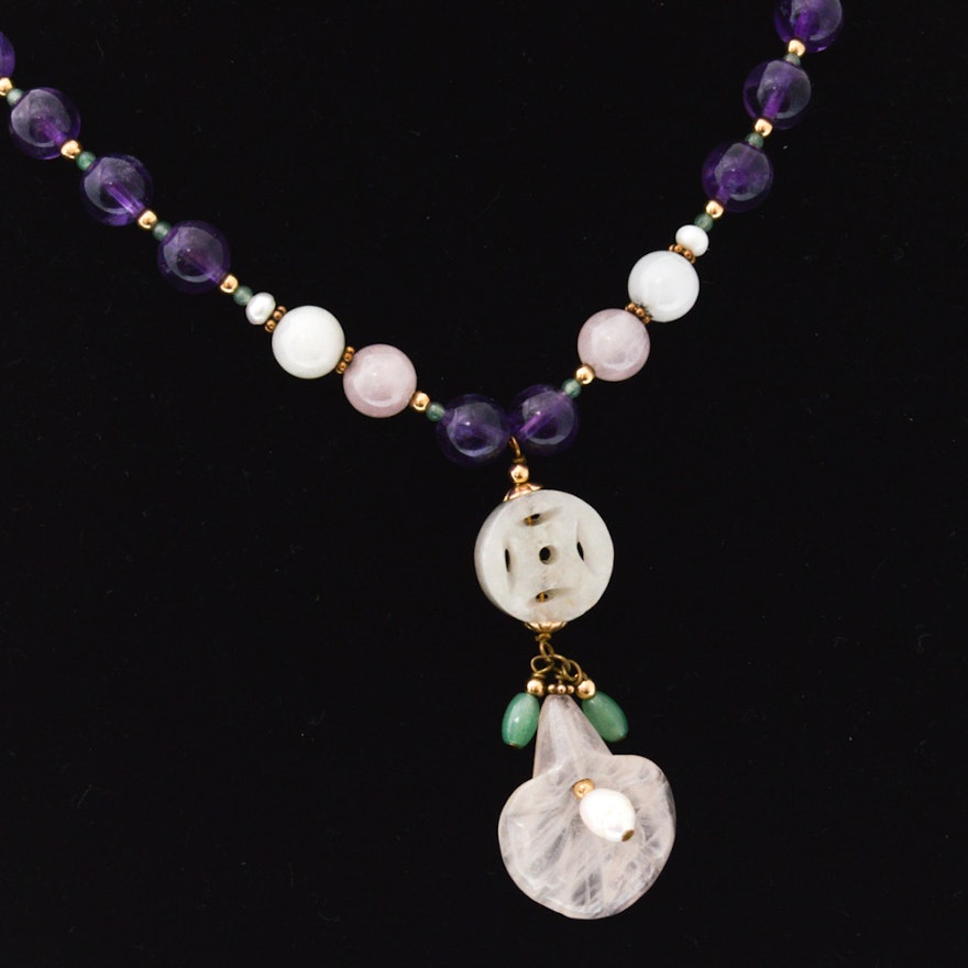 Gold Filled Sterling Silver, Amethyst, Pearl, Nephrite, and Quartz Necklace