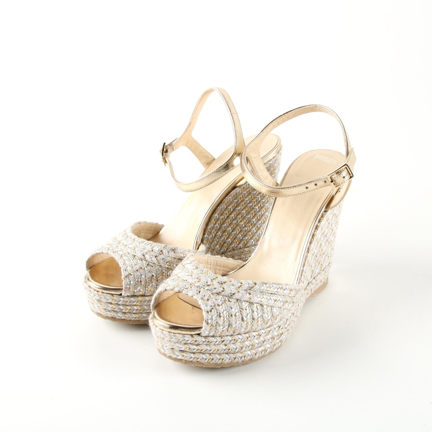 Jimmy Choo Off-White and Gold Woven and Gold Metallic Leather Espadrille Wedges