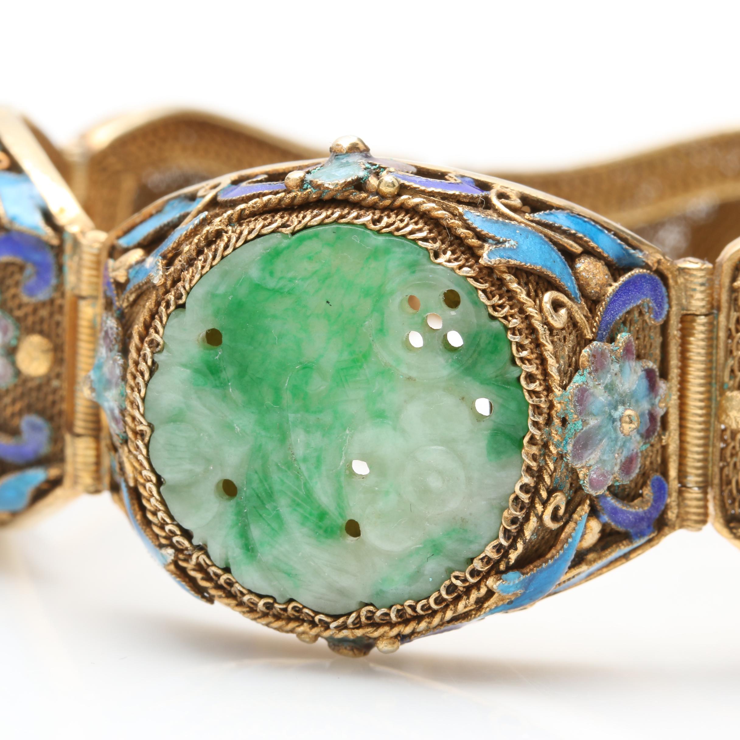 Vintage Chinese Export Sterling Silver Jadeite and Enamel Bracelet