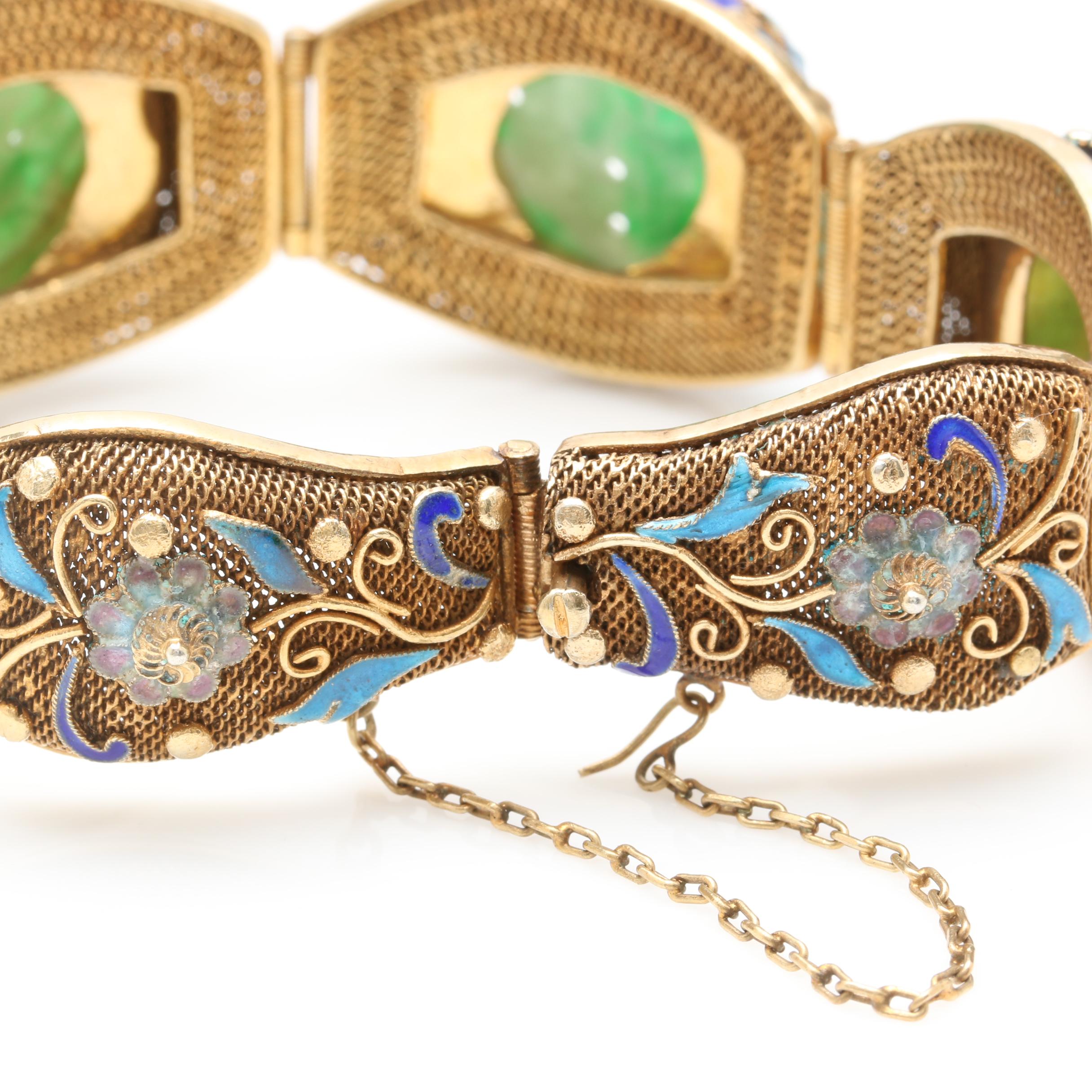 Vintage Chinese Export Sterling Silver Jadeite and Enamel Bracelet