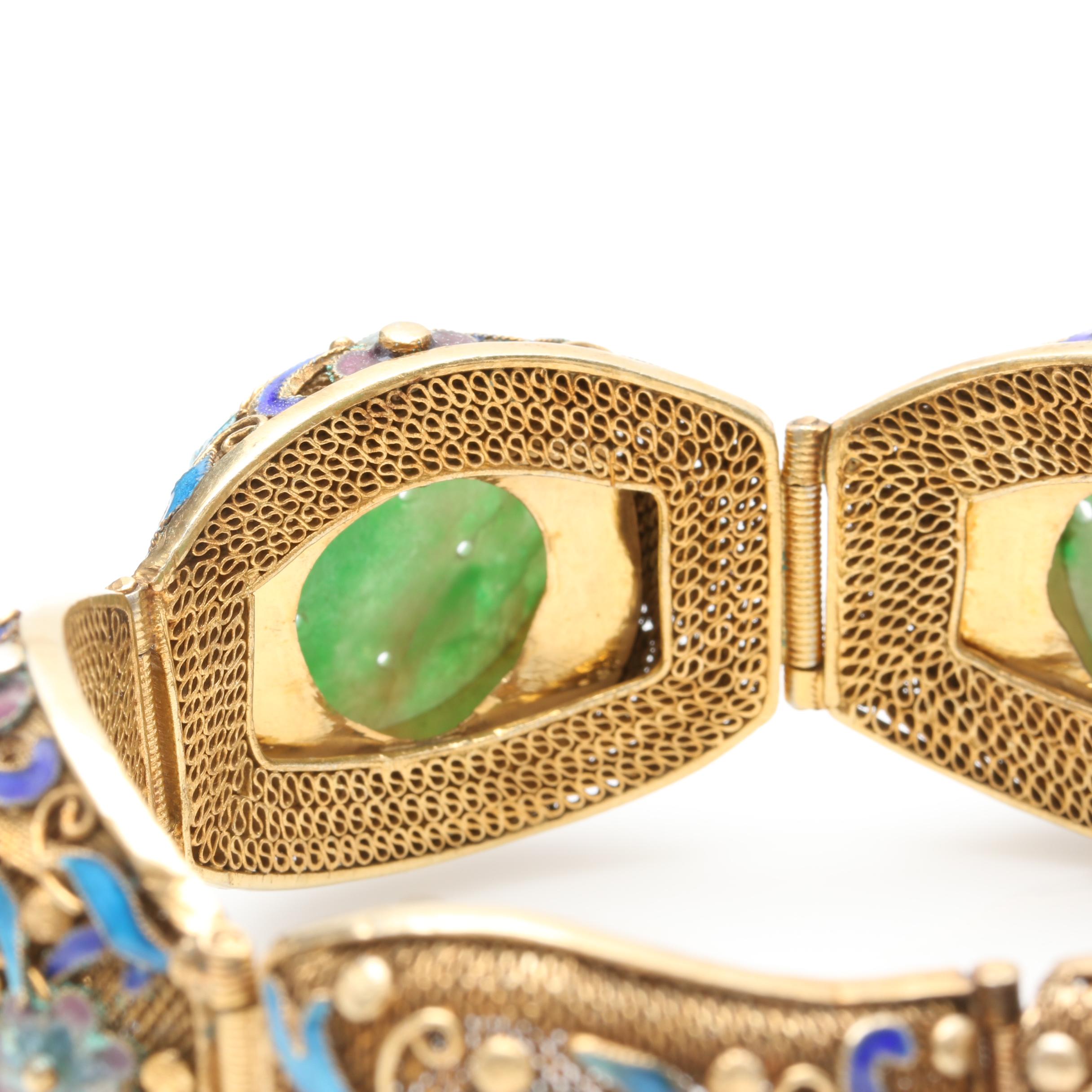 Vintage Chinese Export Sterling Silver Jadeite and Enamel Bracelet