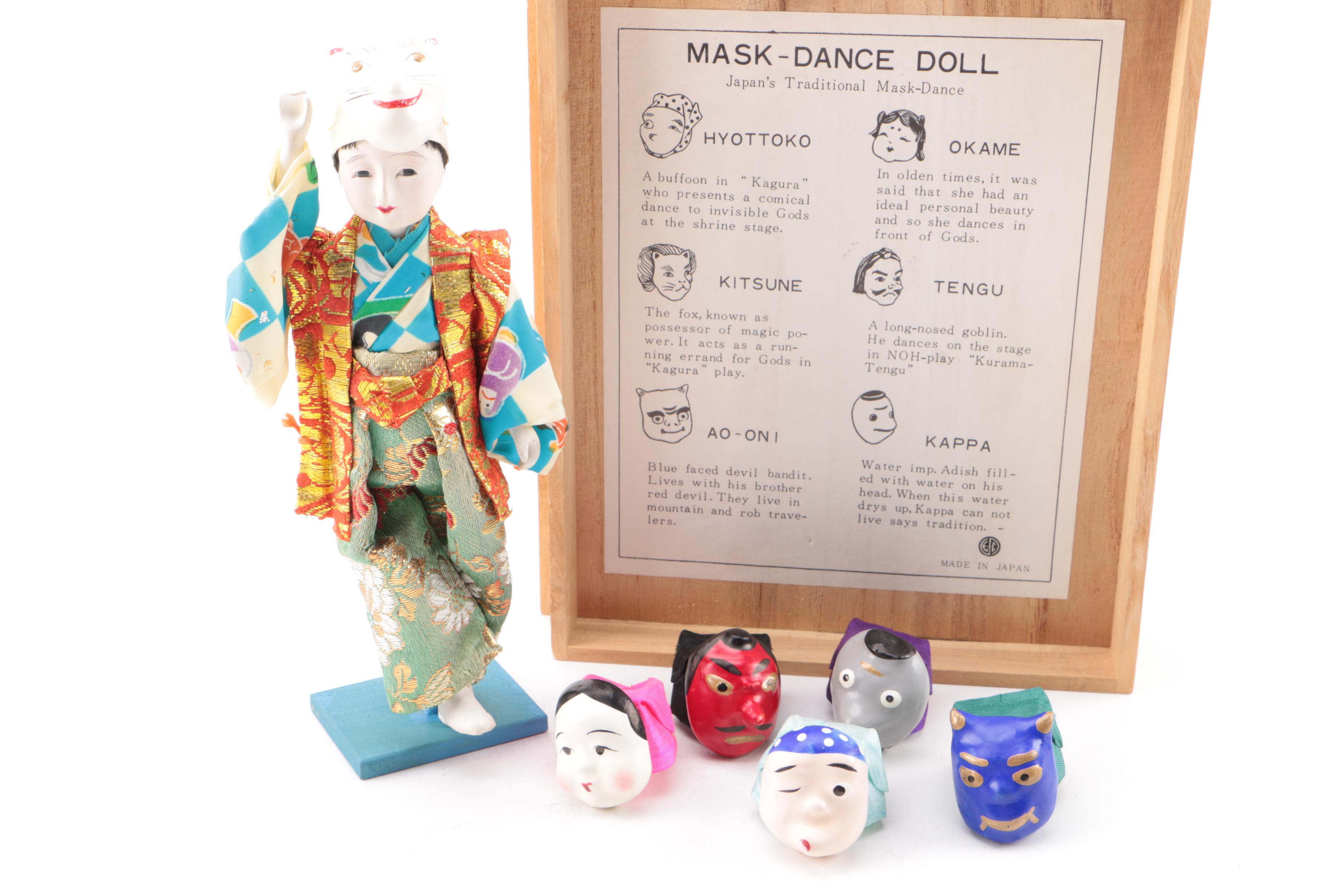Circa 1950s Japanese "Mask-Dance" Doll in Wooden Case