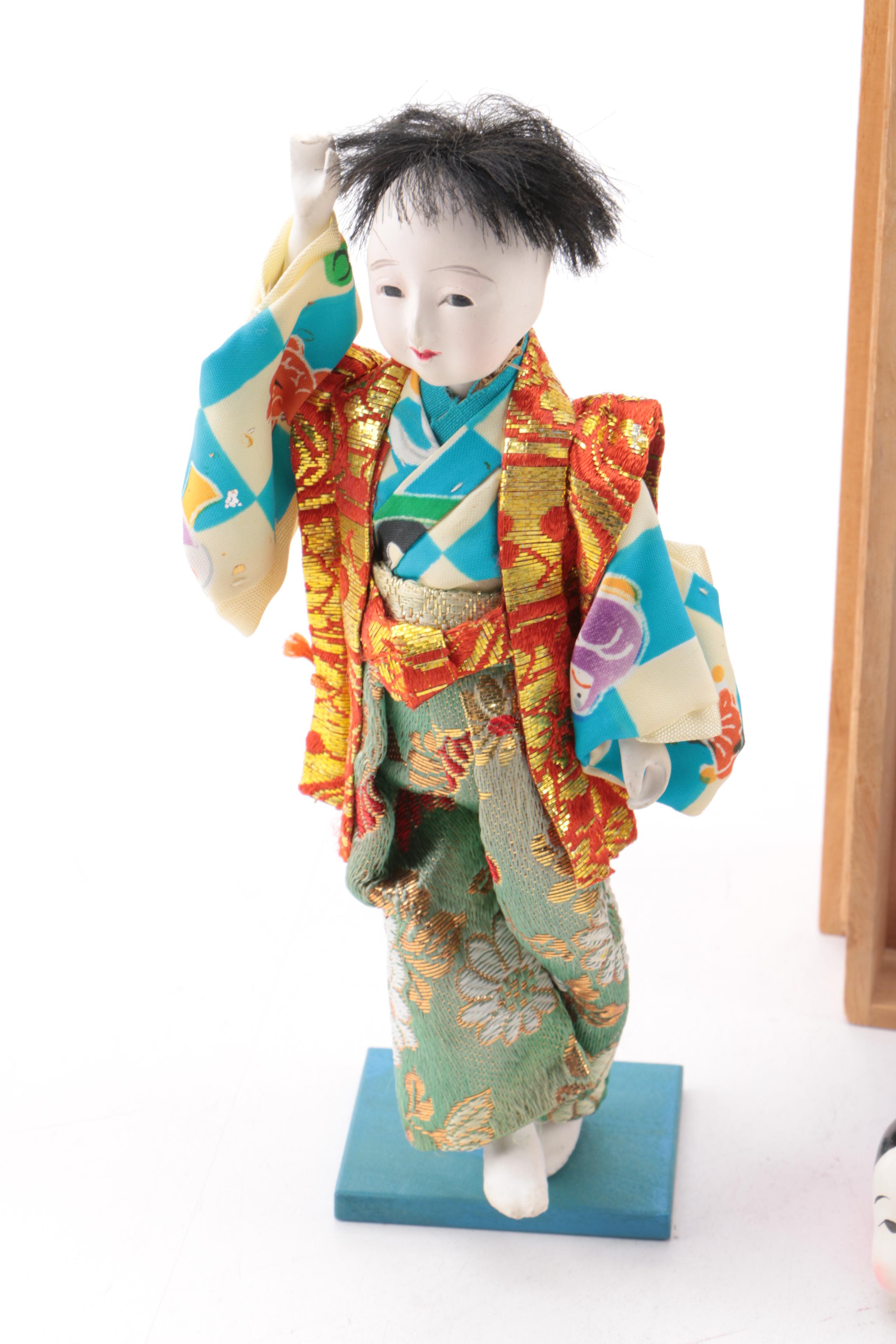Circa 1950s Japanese "Mask-Dance" Doll in Wooden Case