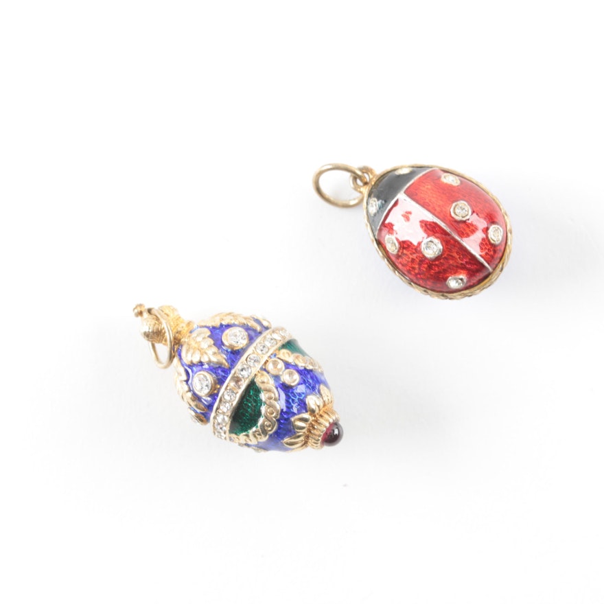Sterling Silver Fabregé Style Egg Pendants Featuring Enamel
