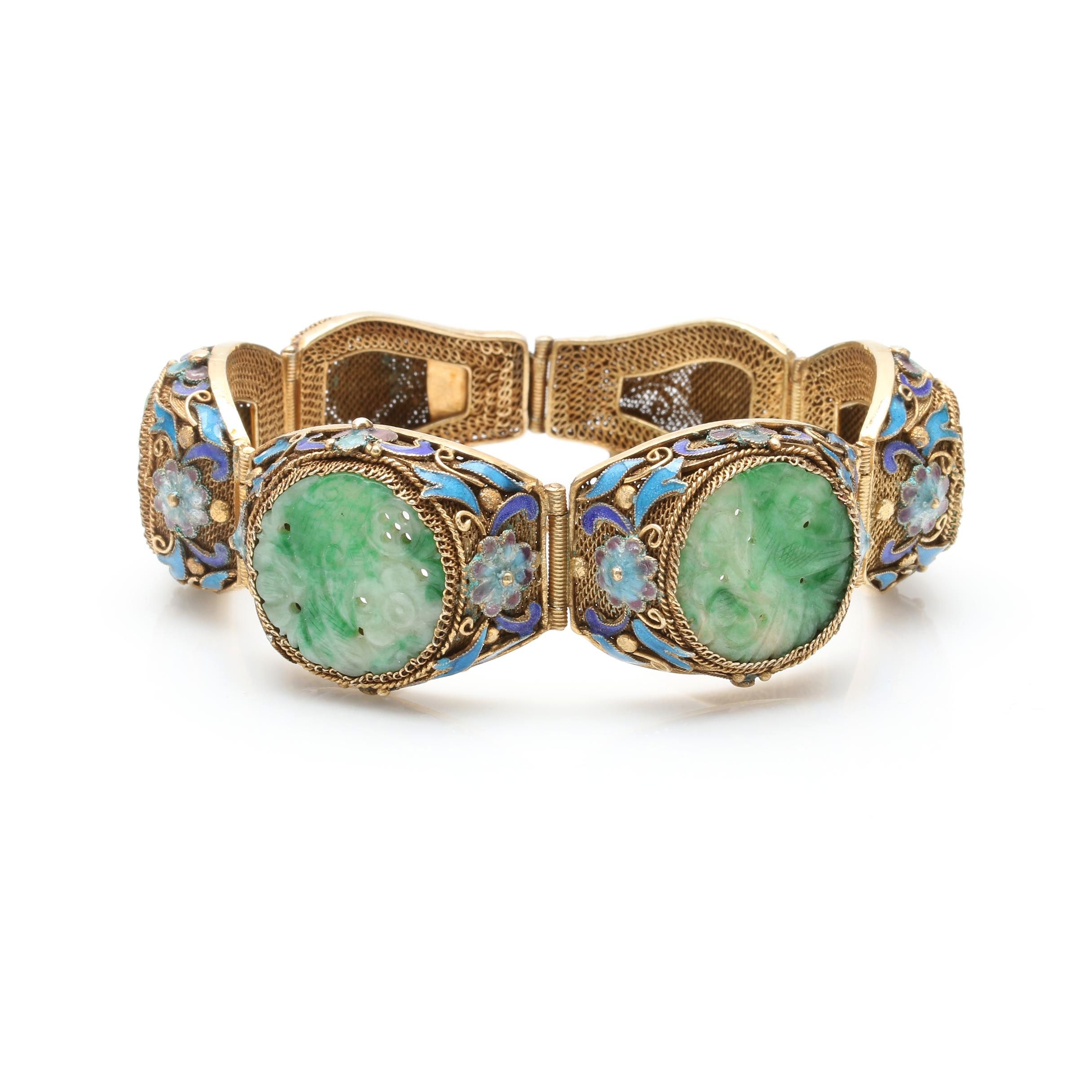 Vintage Chinese Export Sterling Silver Jadeite and Enamel Bracelet