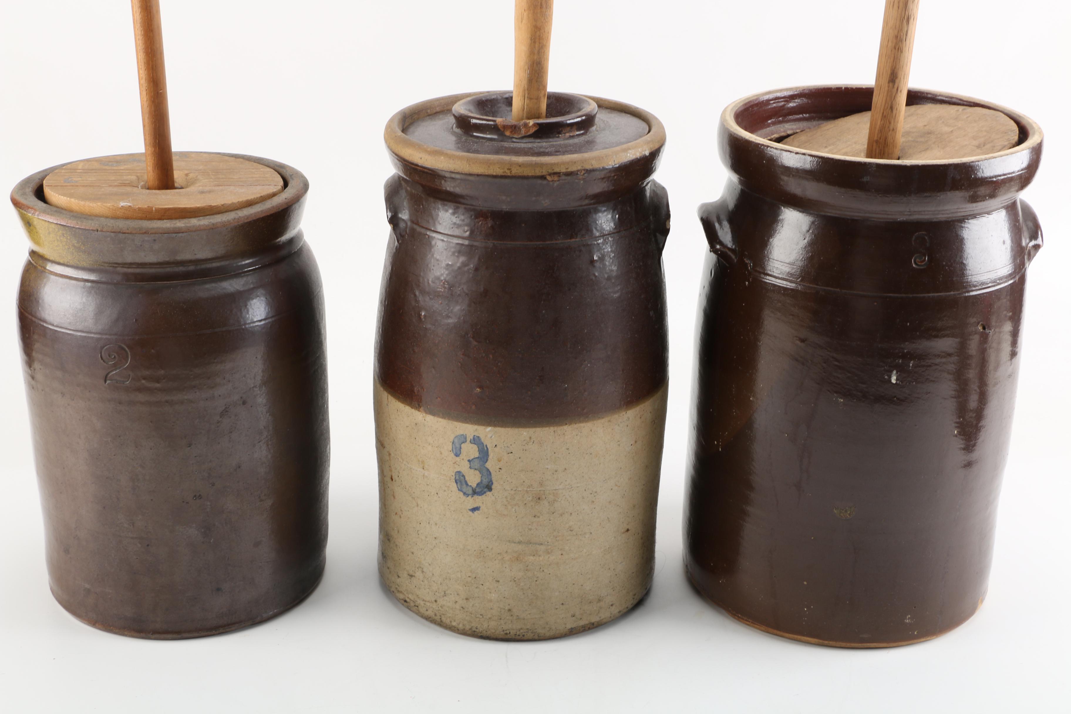 Vintage Stoneware Butter Churns with Lids and Paddles
