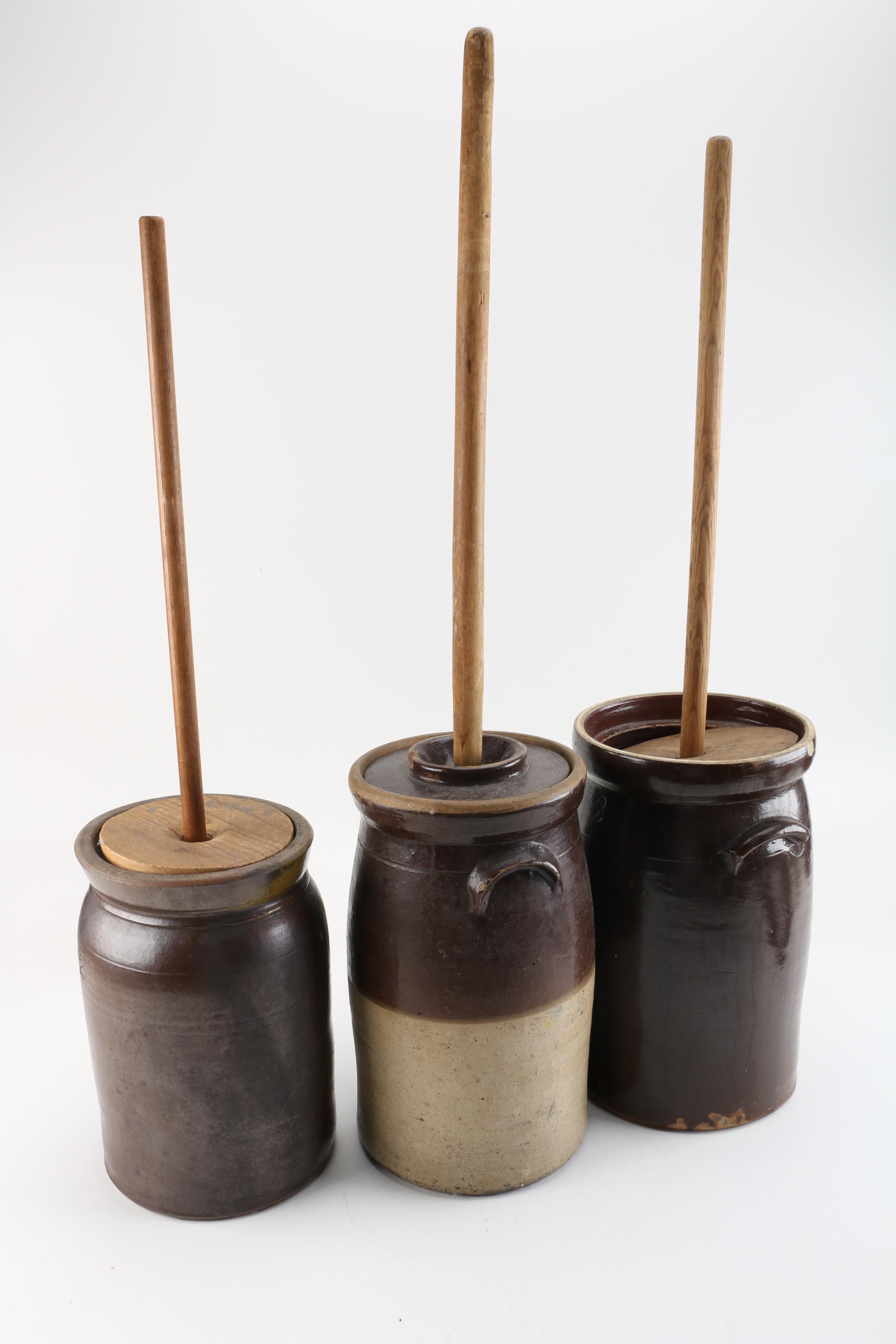 Vintage Stoneware Butter Churns with Lids and Paddles