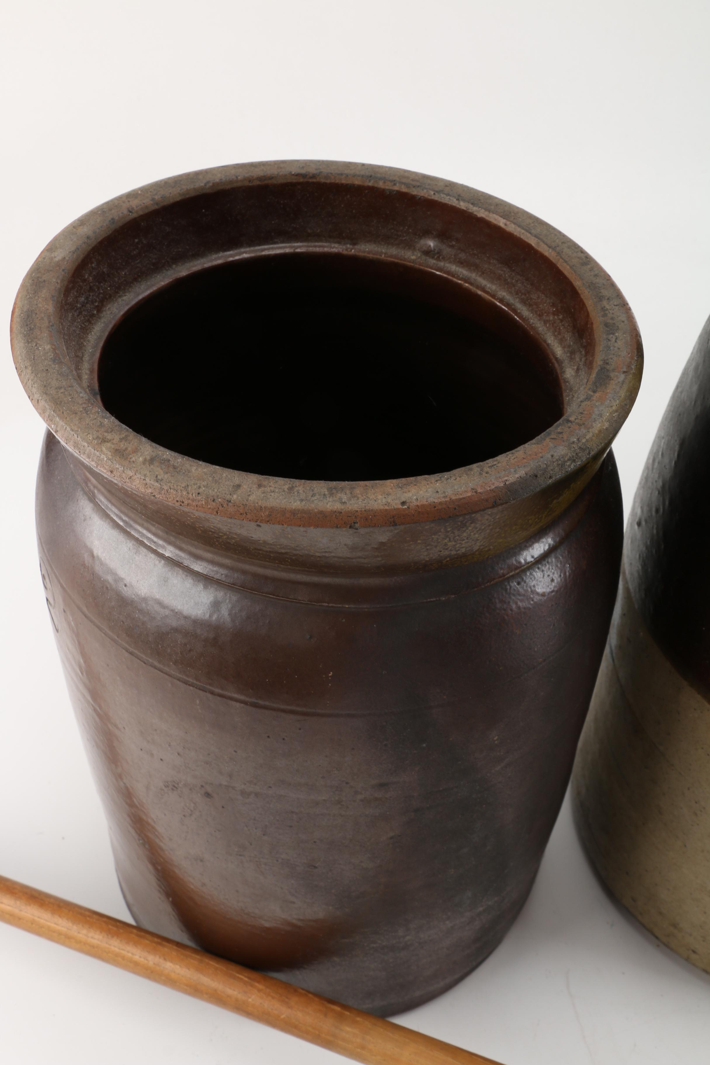 Vintage Stoneware Butter Churns with Lids and Paddles