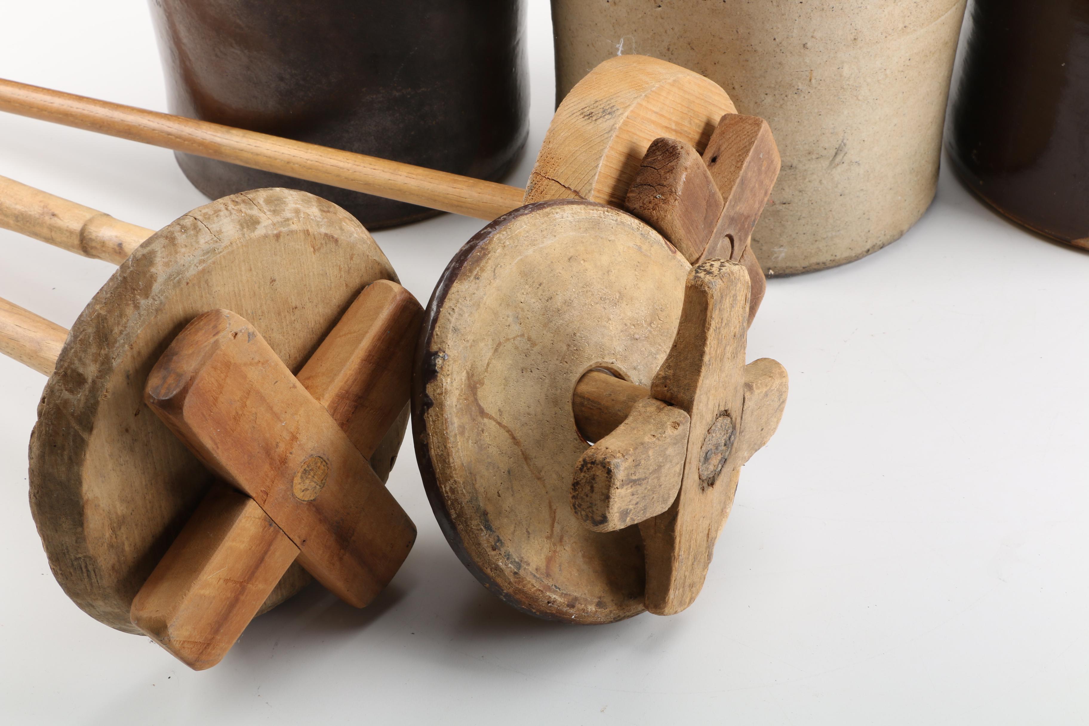 Vintage Stoneware Butter Churns with Lids and Paddles