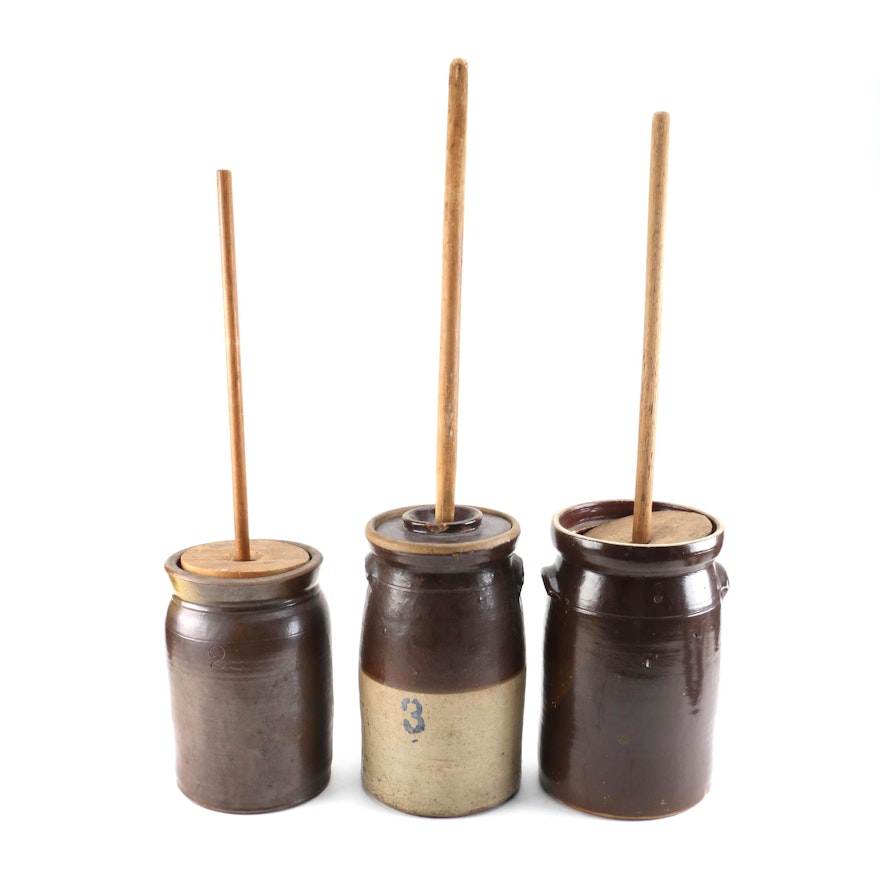 Vintage Stoneware Butter Churns with Lids and Paddles