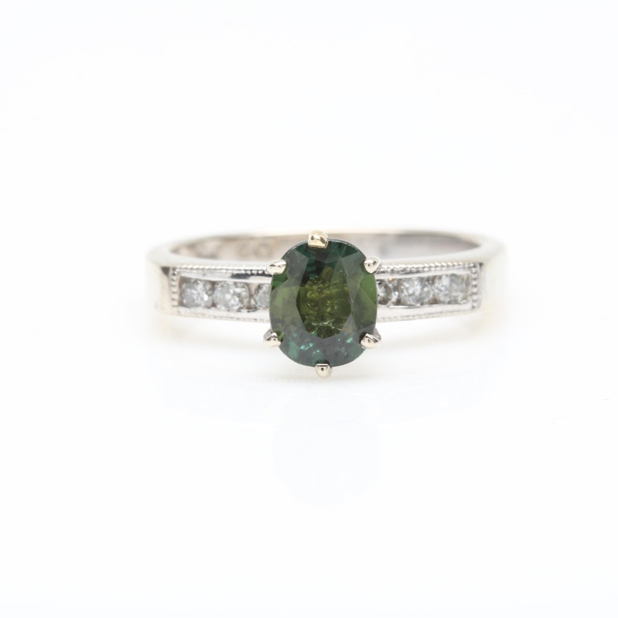 14K White Gold Blue Green Sapphire and Diamond Ring