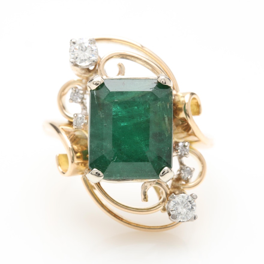 14K Yellow Gold 4.96 CT Emerald and Diamond Ring