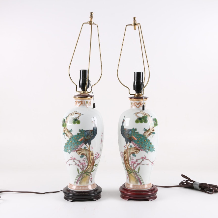 Chinese Ceramic Peacock Motif Table Lamps