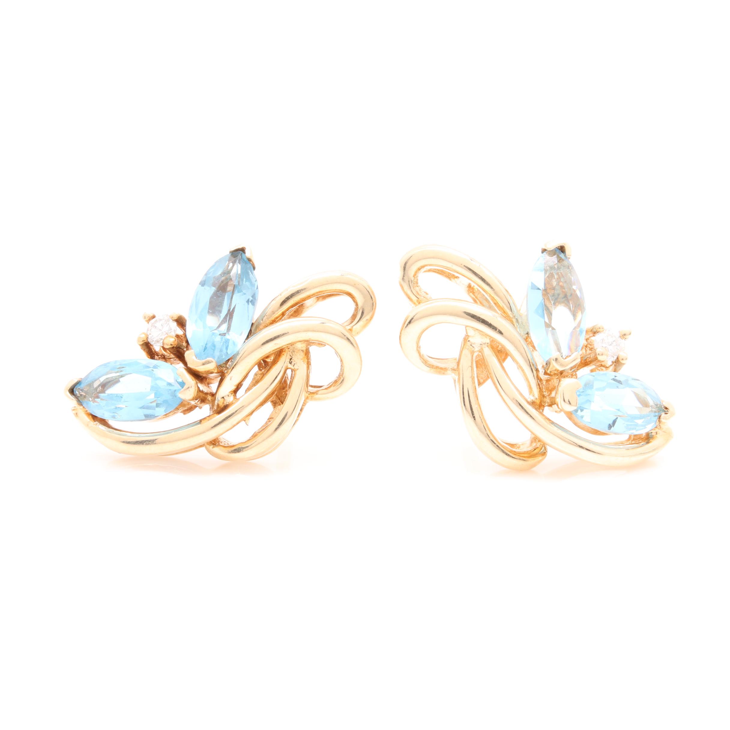 14K Yellow Gold Blue Topaz and Diamond Earrings