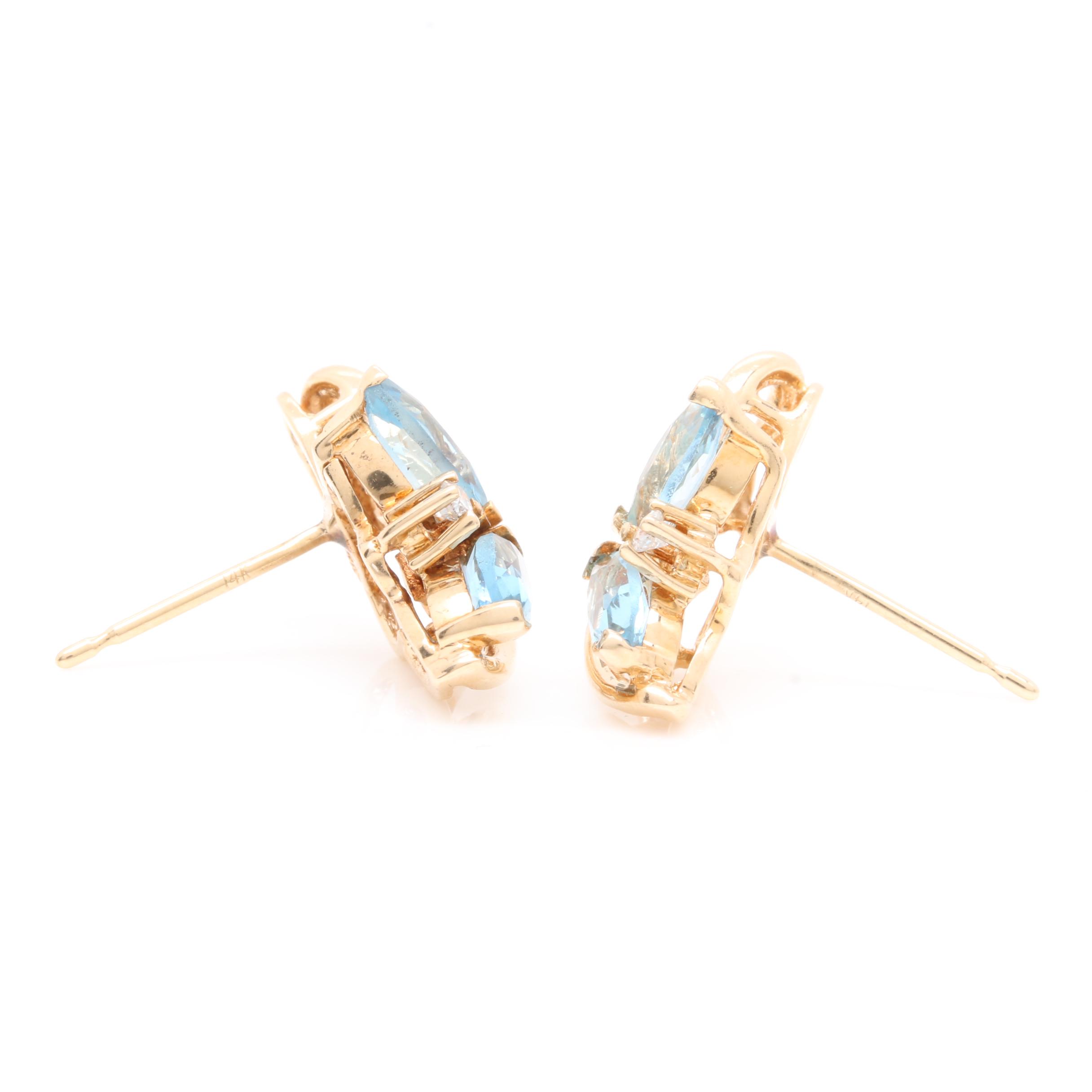 14K Yellow Gold Blue Topaz and Diamond Earrings