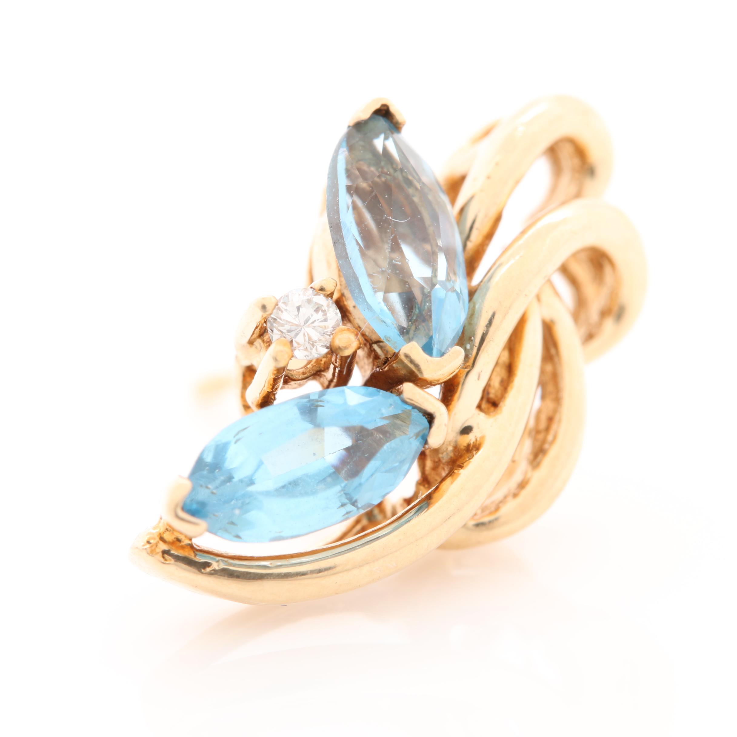 14K Yellow Gold Blue Topaz and Diamond Earrings