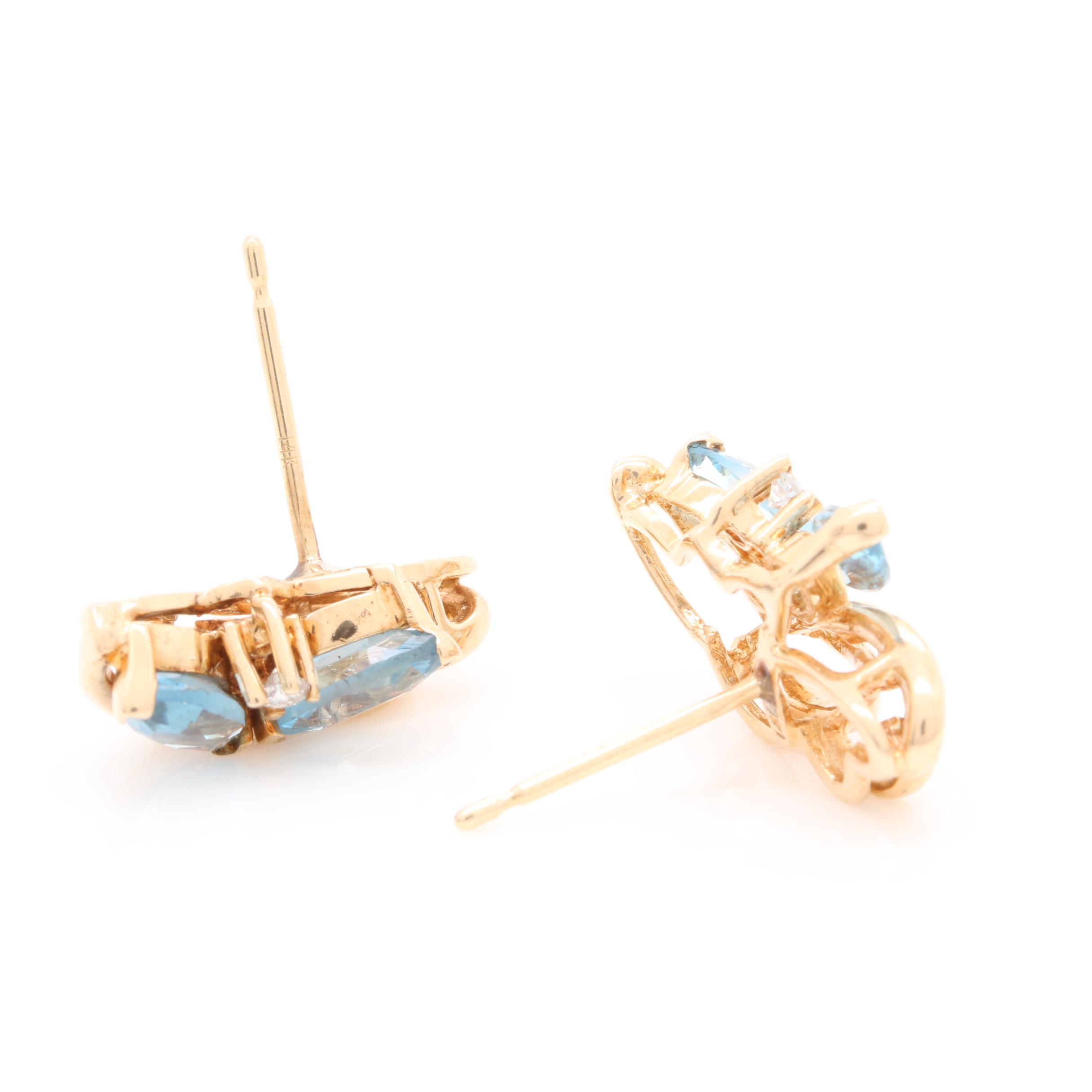 14K Yellow Gold Blue Topaz and Diamond Earrings