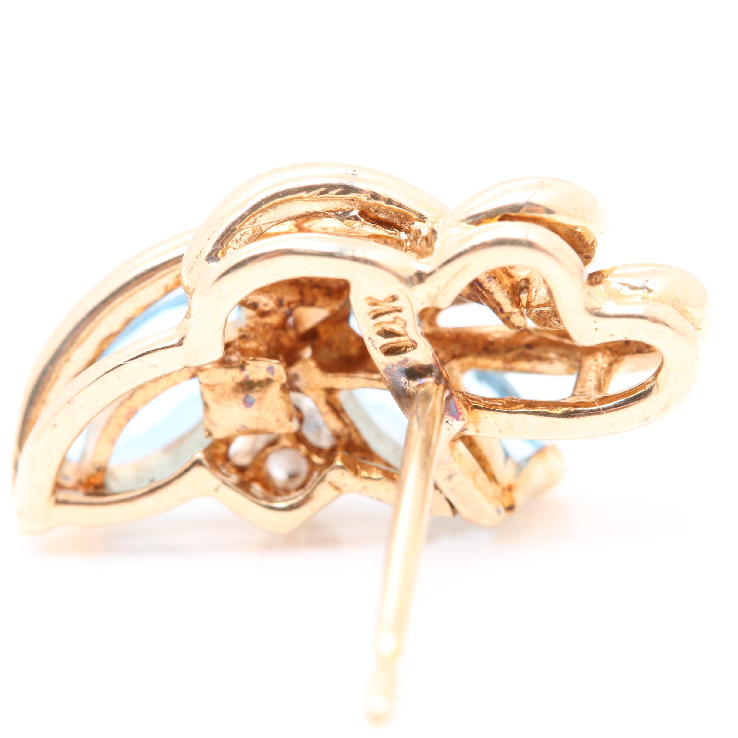 14K Yellow Gold Blue Topaz and Diamond Earrings