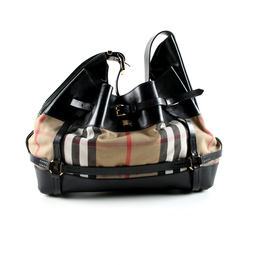 Burberry Black Leather and Plaid Canvas Hobo Bag