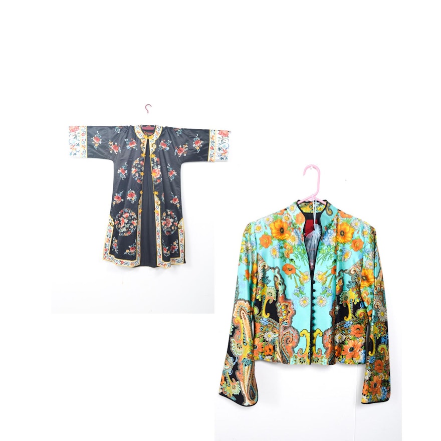 Women's Vintage Chinese Embroidered Silk Robe and Multicolored Jacket