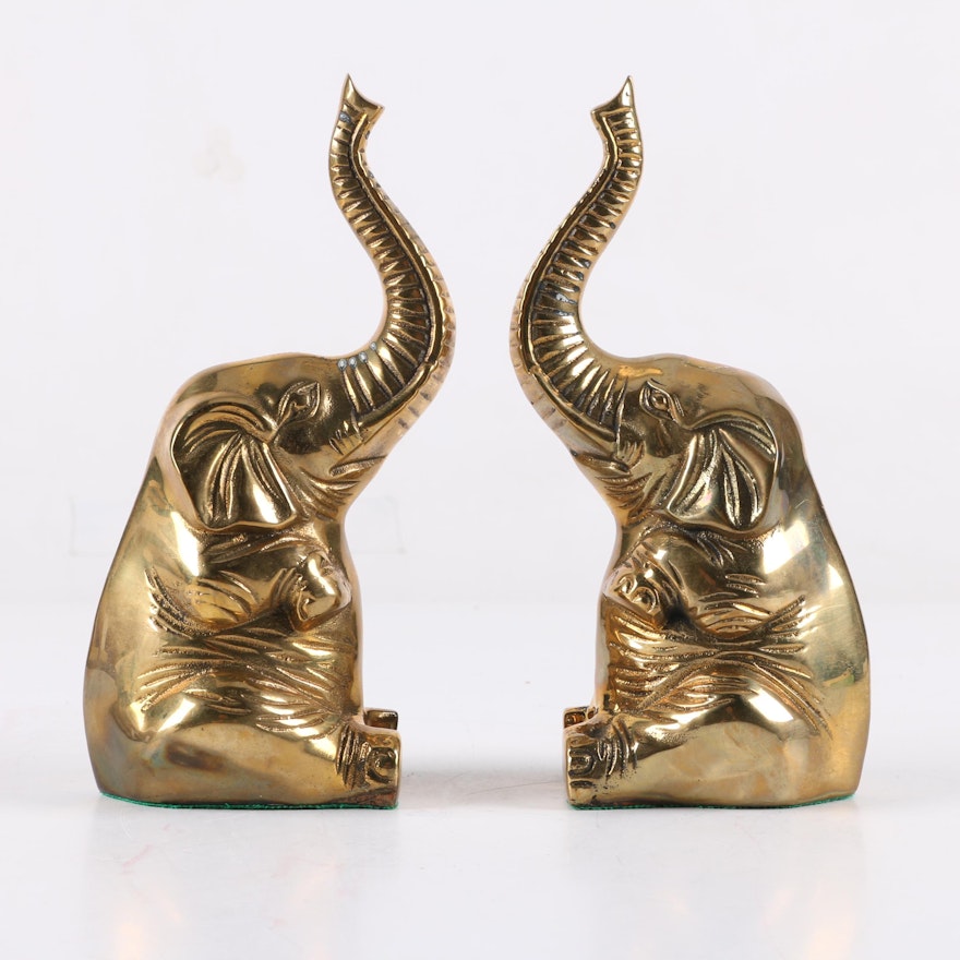 Pair of Vintage Brass Elephant Bookends
