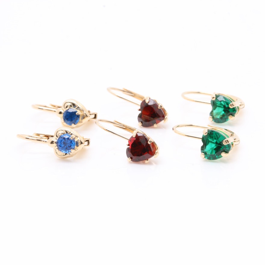 14K Yellow Gold Garnet, Synthetic Spinel and Synthetic Emerald Earrings
