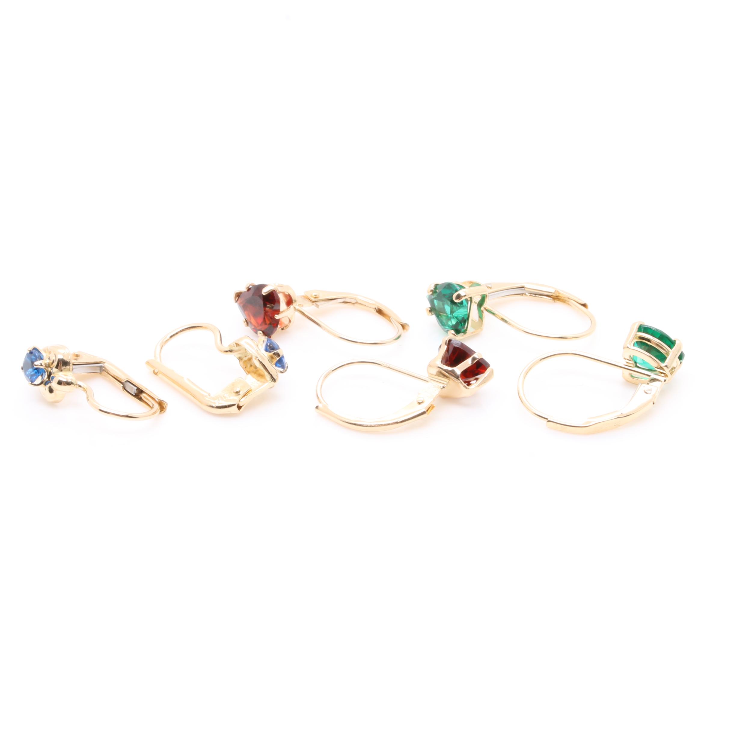 14K Yellow Gold Garnet, Synthetic Spinel and Synthetic Emerald Earrings