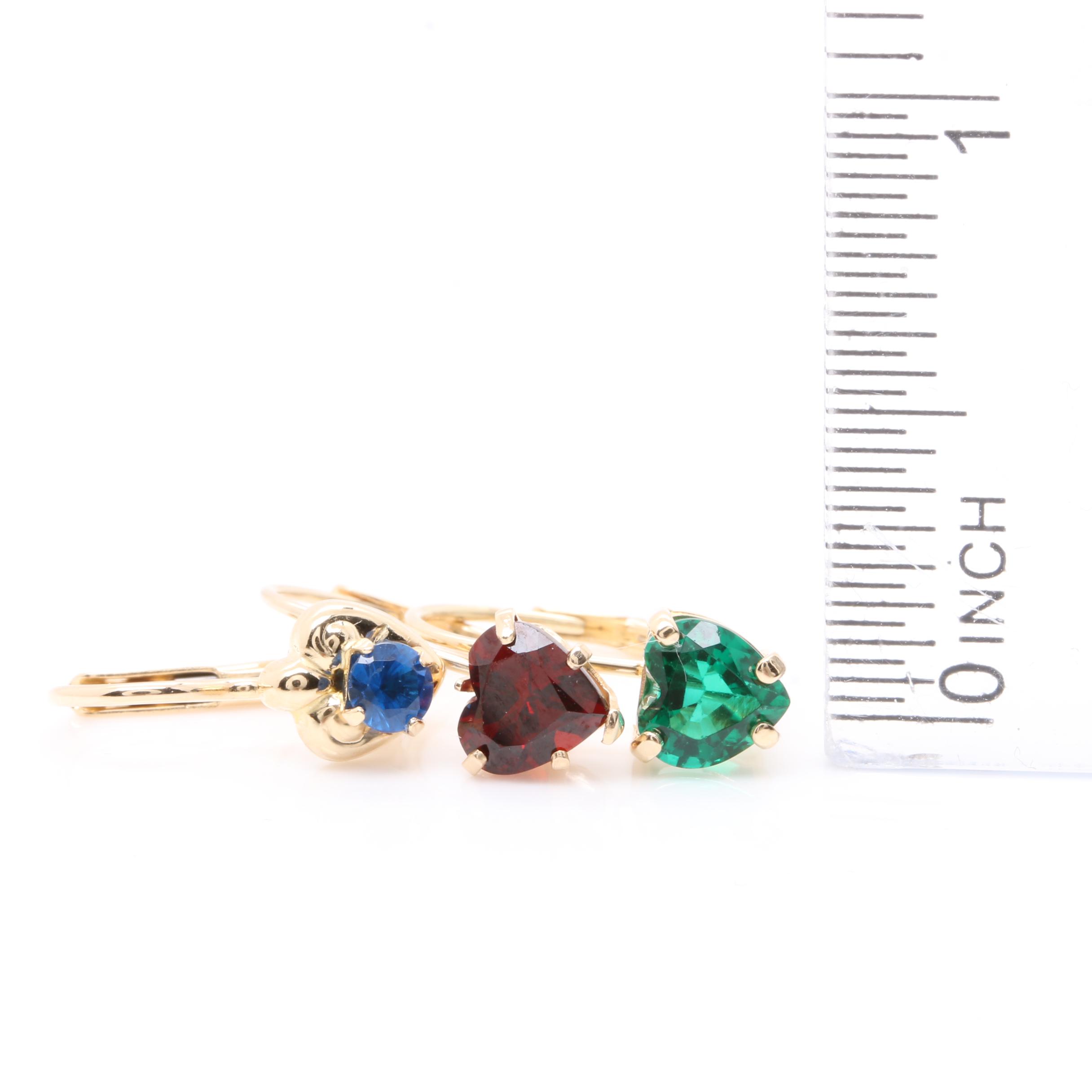 14K Yellow Gold Garnet, Synthetic Spinel and Synthetic Emerald Earrings